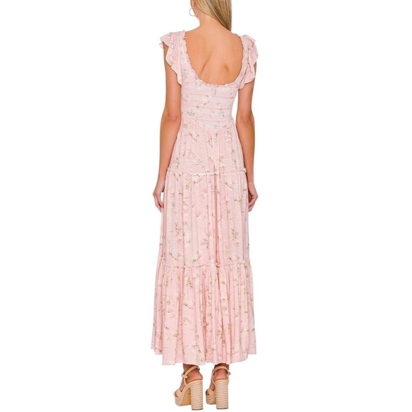 LOVE SHACK FANCY Chessie Smocked Tiered Floral Midi Dress Ballet Pink REVOLVE - Picture 4 of 14